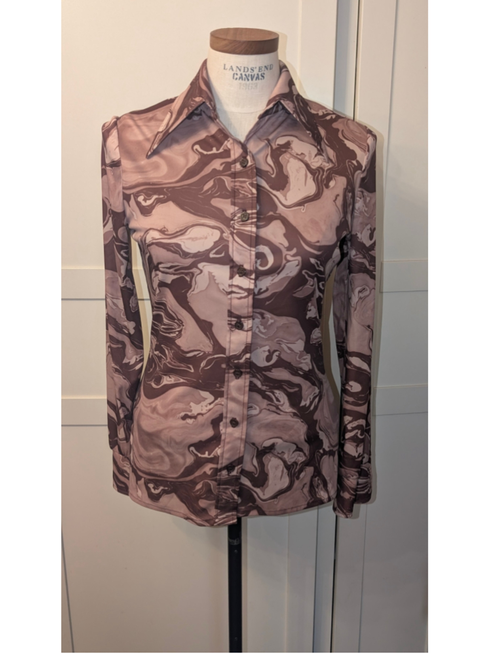 Act III vintage 70's Button Down Shirt Size S Brown Beige Marble Print